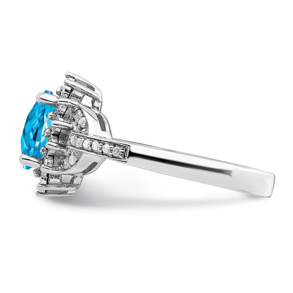 Sterling Silver Rhodium Diam. & Oval Checker-Cut Blue Topaz Ring