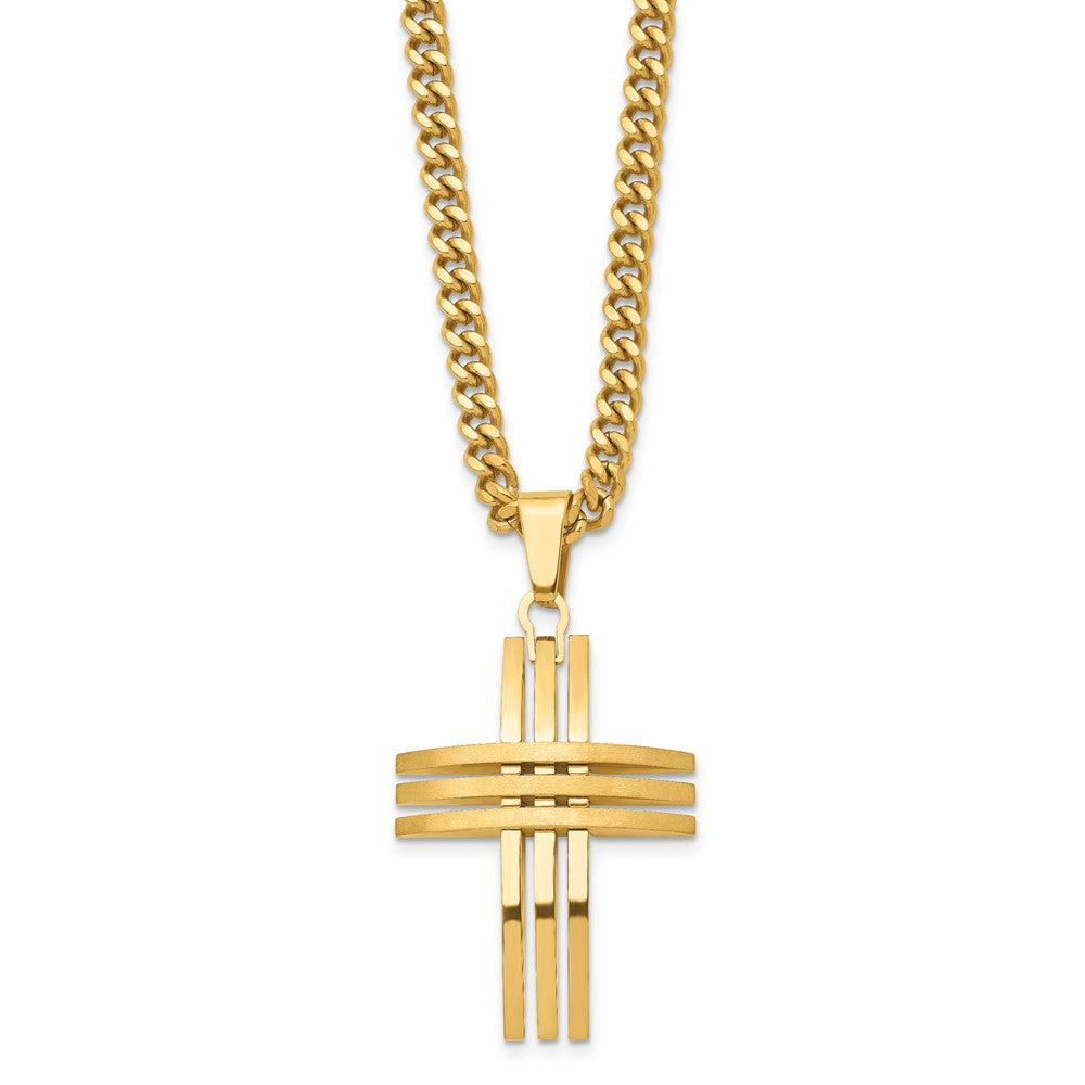 Stainless Steel Brushed and Polished Yellow IP-plated Cross Necklace