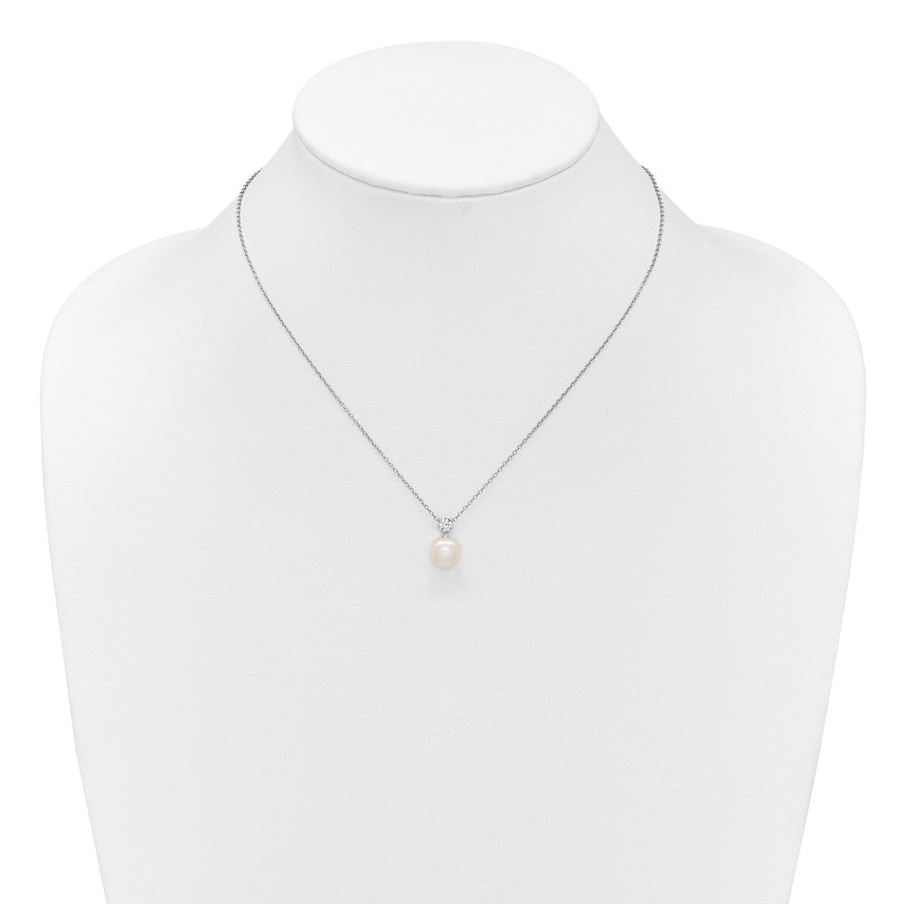 Sterling Silver Rhodium-plated 7-9mm Button White Freshwater Cultured Pearl and CZ 17 inch Necklace and Post Earring Set