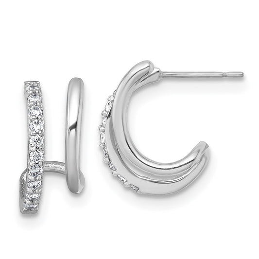 10k White Gold Polished CZ Fancy Double J-Hoop Post Earrings
