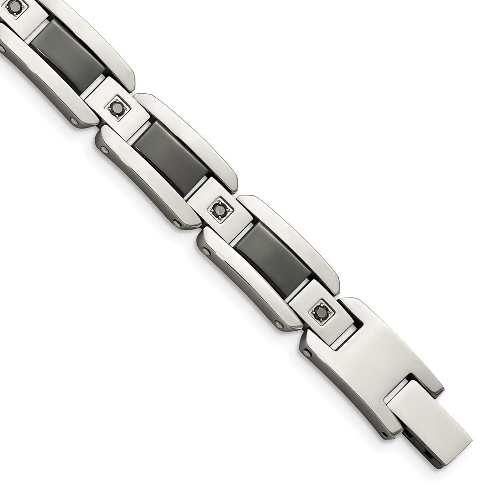 Stainless Steel Polished w/Black Enamel & Black Diamonds 8.75in Bracelet 8.75 inches