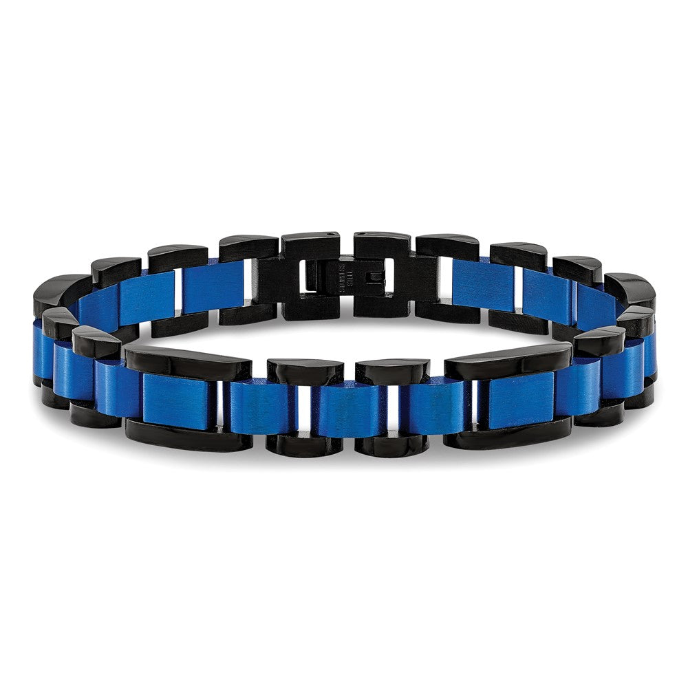 Stainless Steel Brushed & Polished Black & Blue IP-plated 8.75in Bracelet 8.75 inches