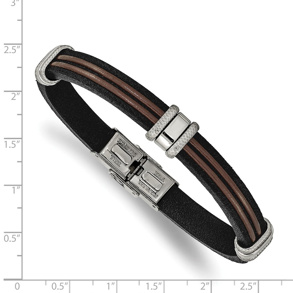 Stainless Steel Polished Black and Brown Leather 8.25in Bracelet 8.25 inches