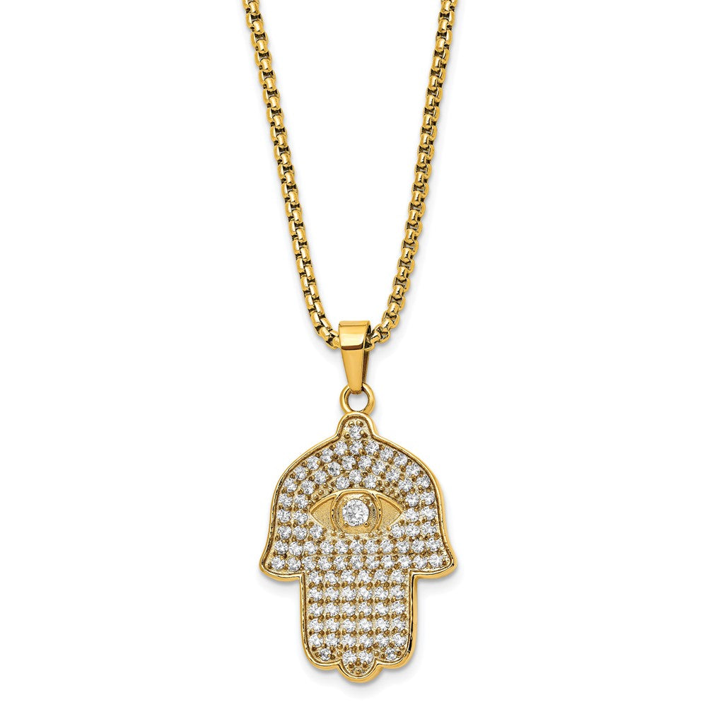 Stainless Steel Polished Yellow IP-plated w/CZ Hamsa 24in Necklace