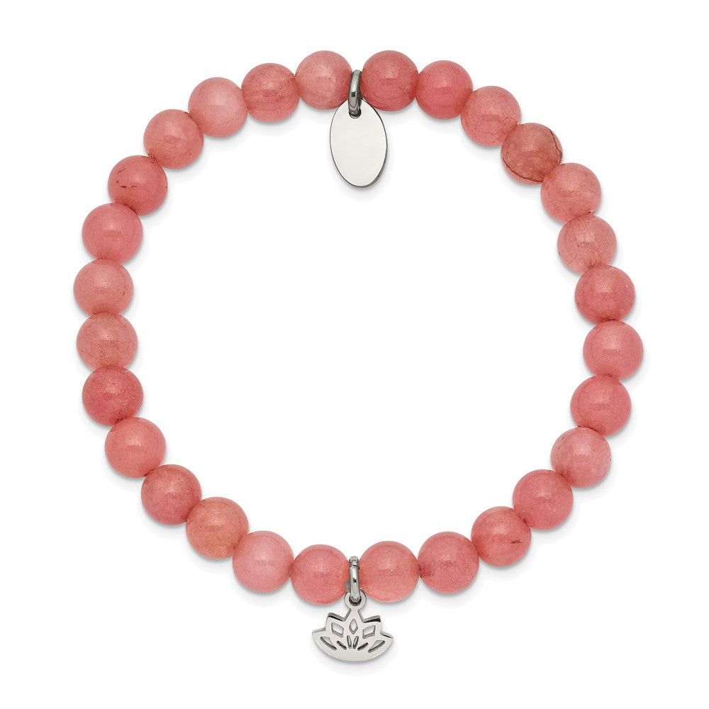 Stainless Steel Polished Lotus Pink Jade Beaded Stretch Bracelet 6 inches
