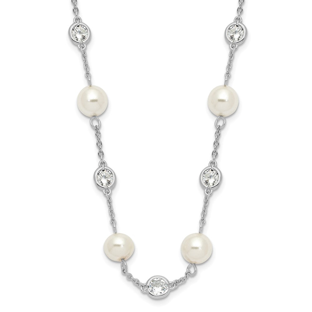 Cheryl M Sterling Silver Rhodium-plated Glass Pearl and Brilliant-cut CZ Bezel Station 36 Inch Necklace 36 Inches