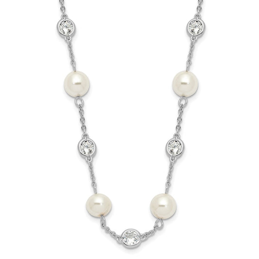 Cheryl M Sterling Silver Rhodium-plated Glass Pearl and Brilliant-cut CZ Bezel Station 36 Inch Necklace 36 Inches