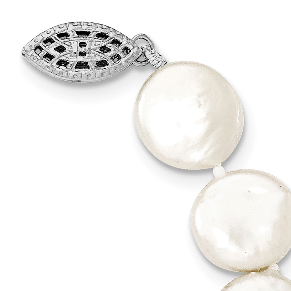 Sterling Silver Rhodium-plated 10-11mm White Coin Freshwater Cultured Pearl 18 inch Necklace 18 Inches