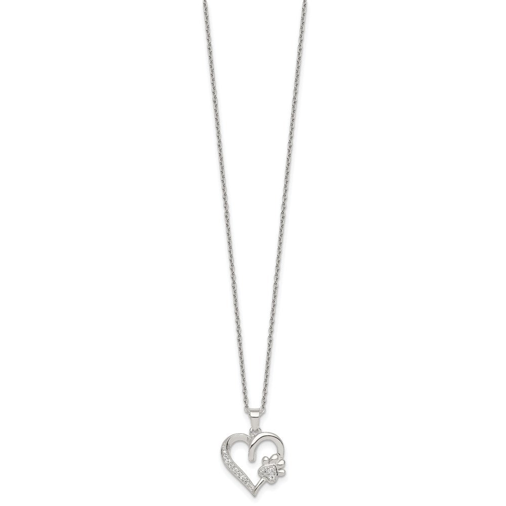 Sterling Silver Polished CZ Heart and Paw Necklace 16 Inches