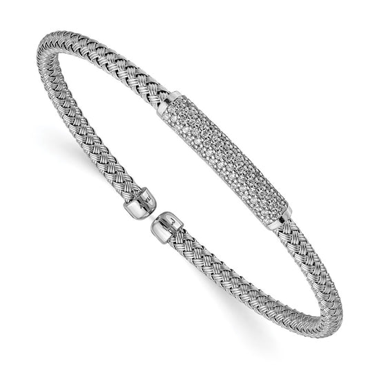 Sterling Silver Rhod-plat Polished CZ Woven Flexible Cuff