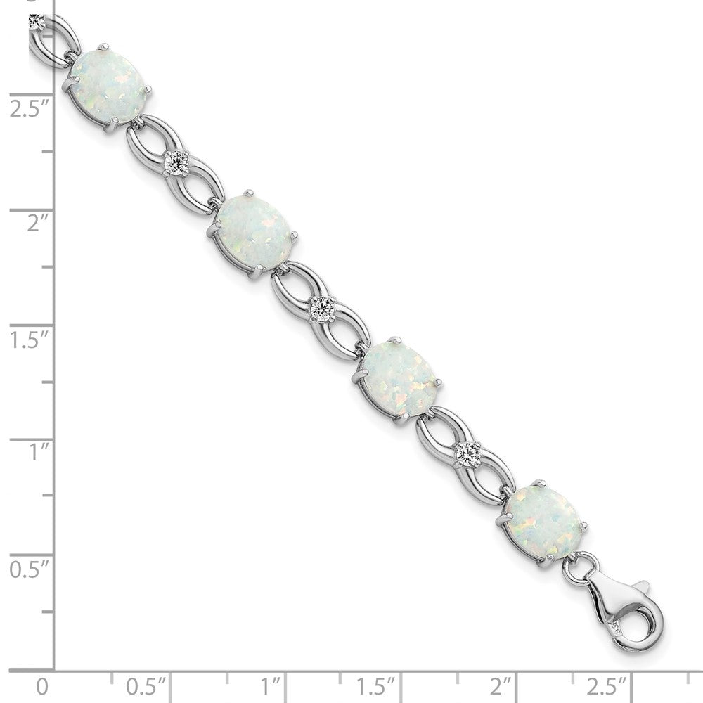 Sterling Silver Rhodium-plated Polished White Created Opal & CZ Bracelet 7.25 inches