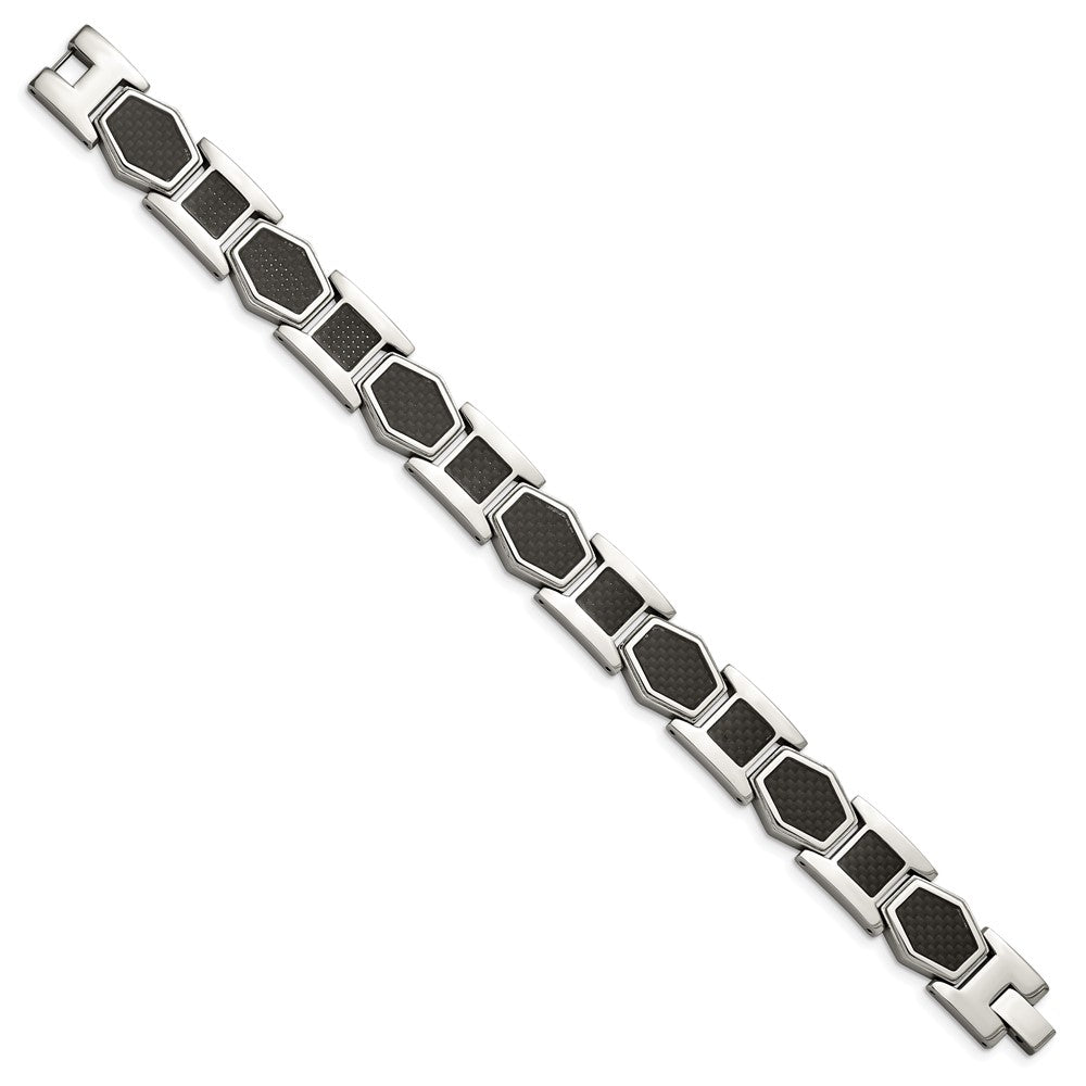 Stainless Steel Polished with Black Carbon Fiber Inlay 8.75in Bracelet 8.75 inches