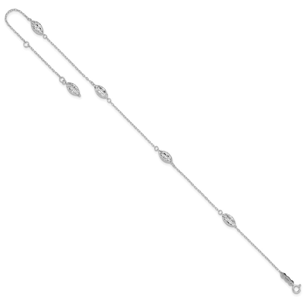 14k White Gold Puffed Rice Bead 10in Plus 1in ext. Anklet