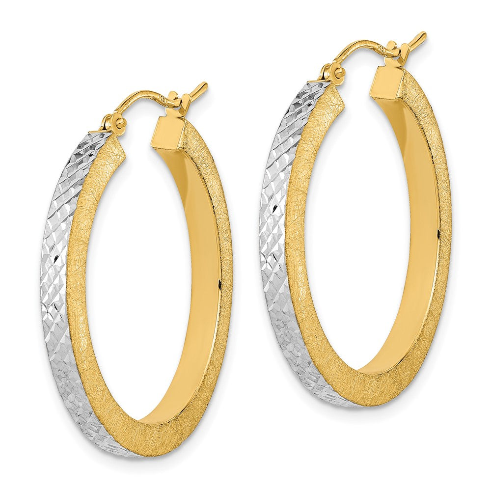 14K w/White Rhodium Polished Satin Diamond-cut Hoop Earrings