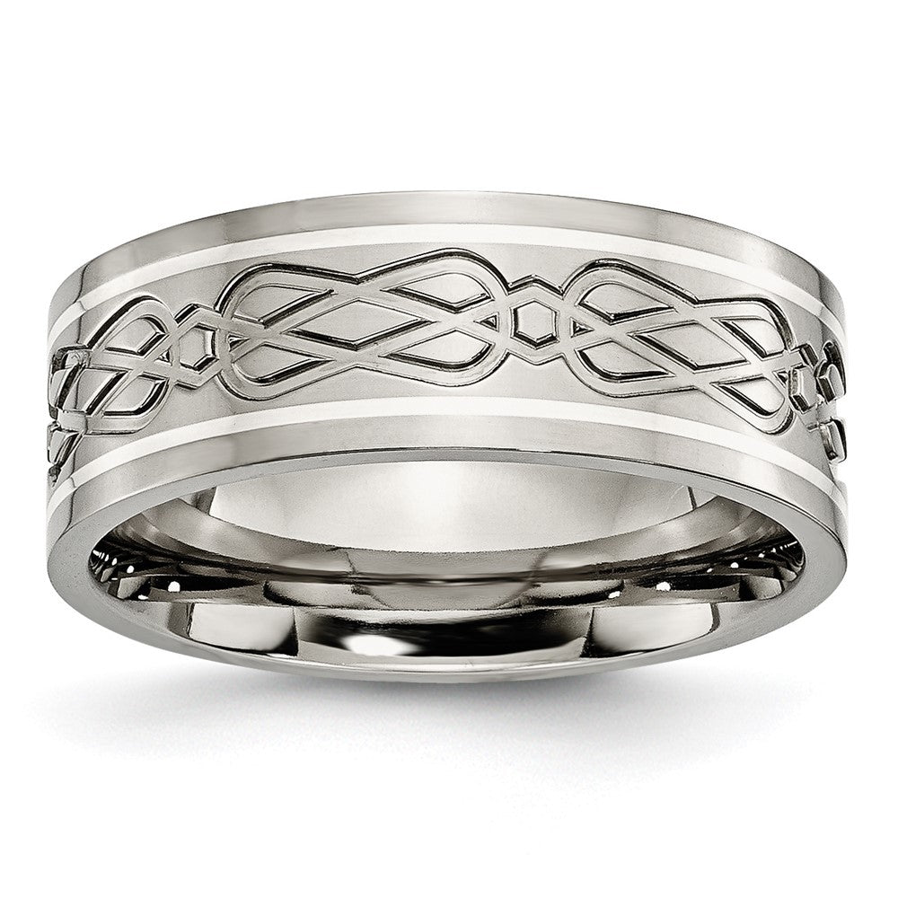 Titanium Polished w/Sterling Silver Inlay Celtic Knot 8mm Flat Band Size - 10