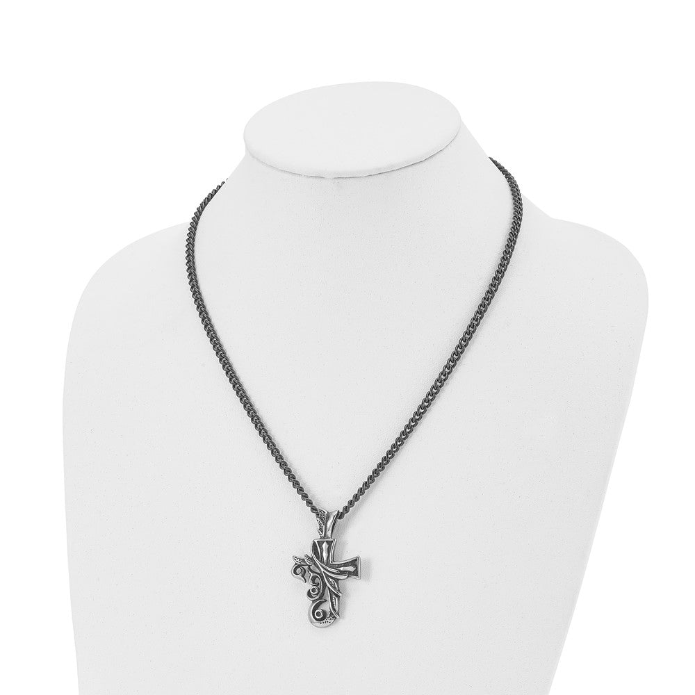 Stainless Steel Antiqued and Polished Fancy Cross 20in Necklace