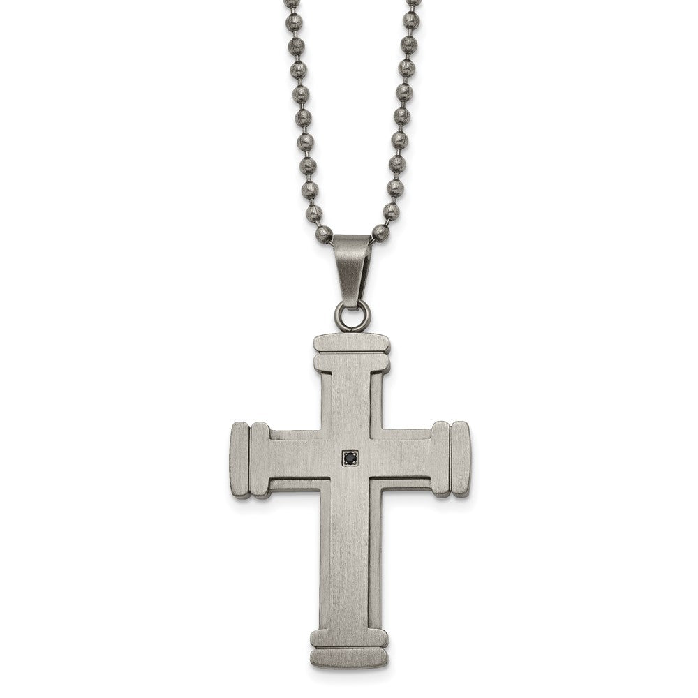 Stainless Steel Antiqued Brushed and Polished w/Black CZ Cross Necklace
