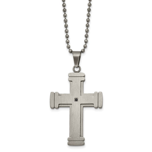 Stainless Steel Antiqued Brushed and Polished w/Black CZ Cross Necklace