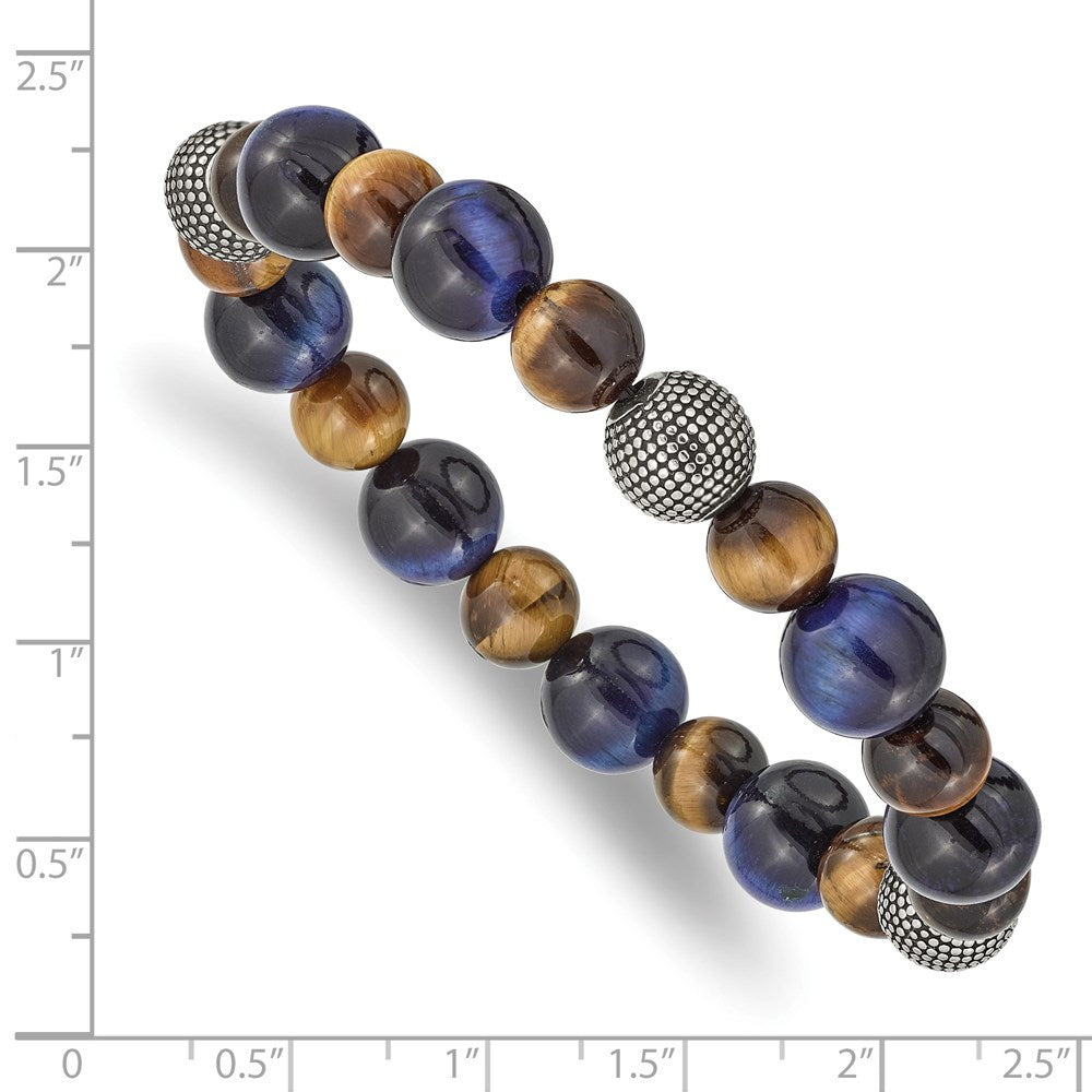 Stainless Steel Antiqued & Polished Brown/Blue Tiger's Eye Stretch Bracelet 6.5 inches