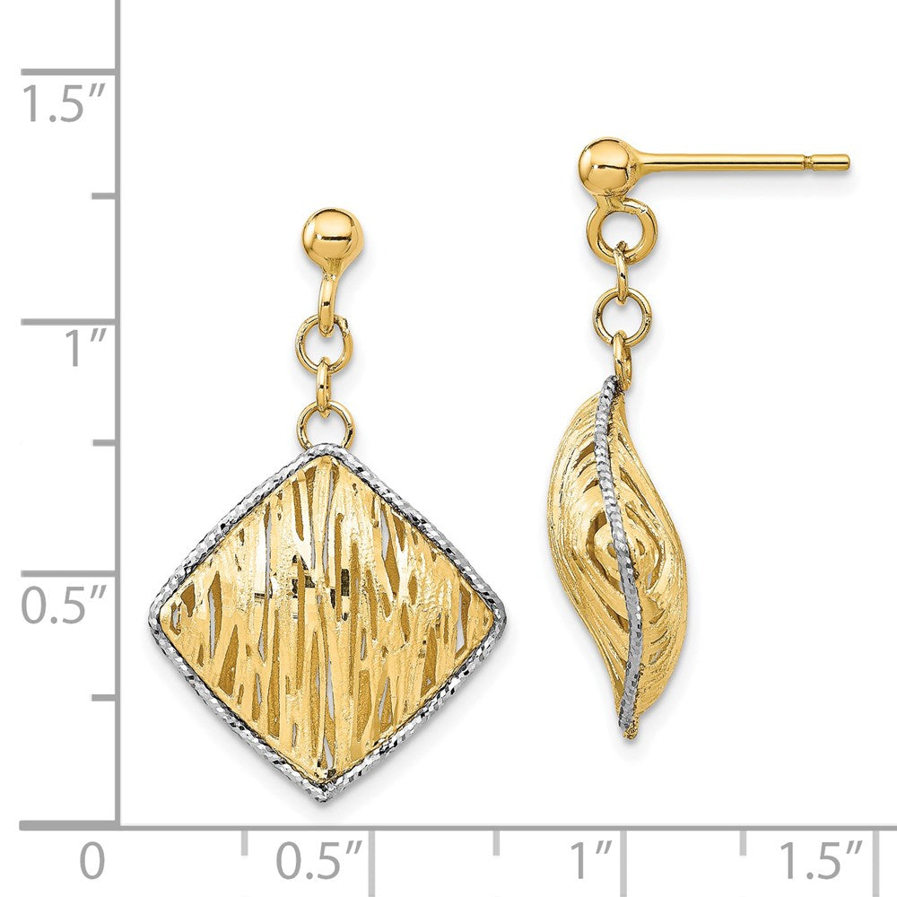 14K & White Rhodium Polished & D/C Hollow Dangle Post Earrings