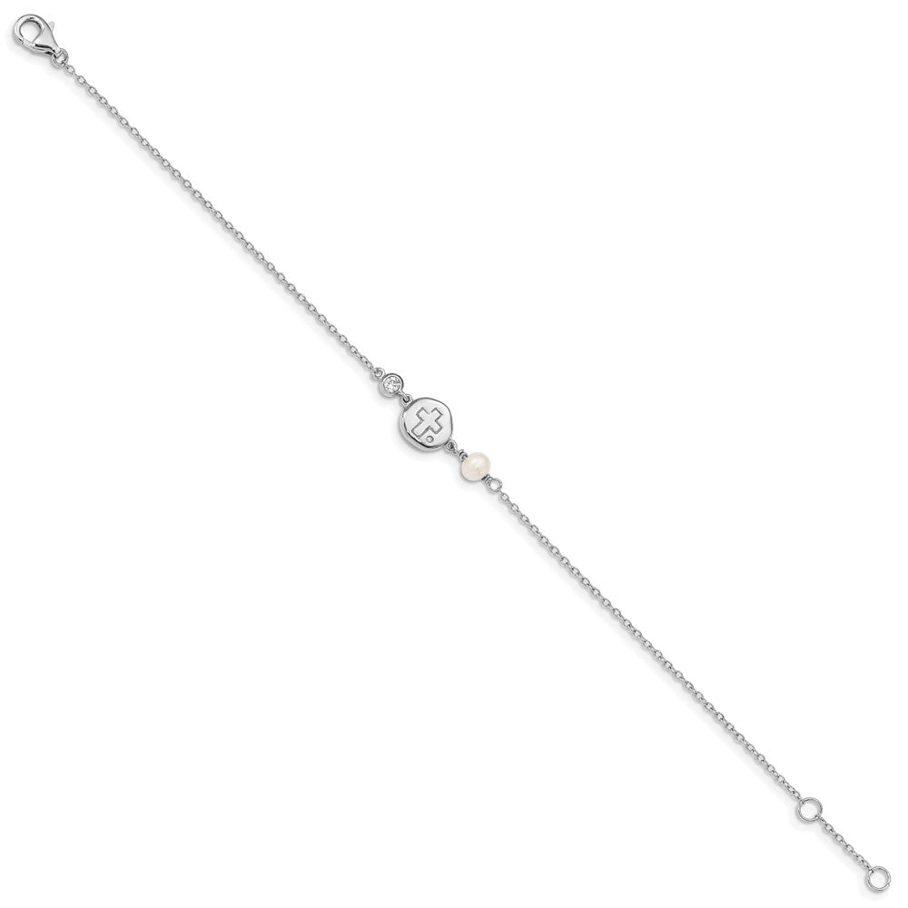 Sterling Silver RH-plated CZ/Cross/FWC Pearl w/0.5in ext Bracelet 6.75 inches