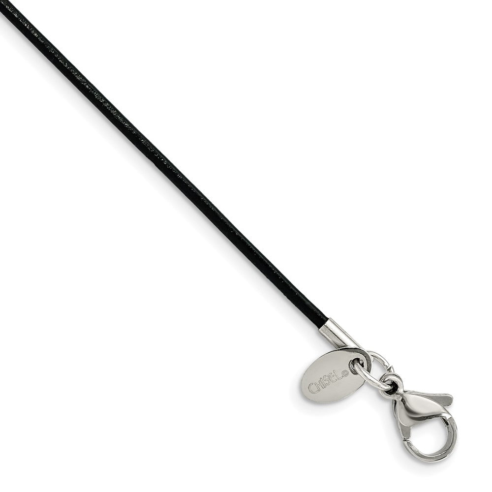 Stainless Steel Black Leather Cord 18in Necklace