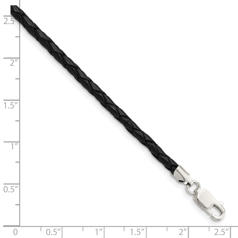 Sterling Silver 20inch 3mm Black Leather Braided Necklace
