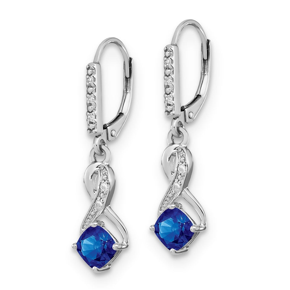 Sterling Silver Created Blue Sapphire & Diamond Leverback Dangle Earrings