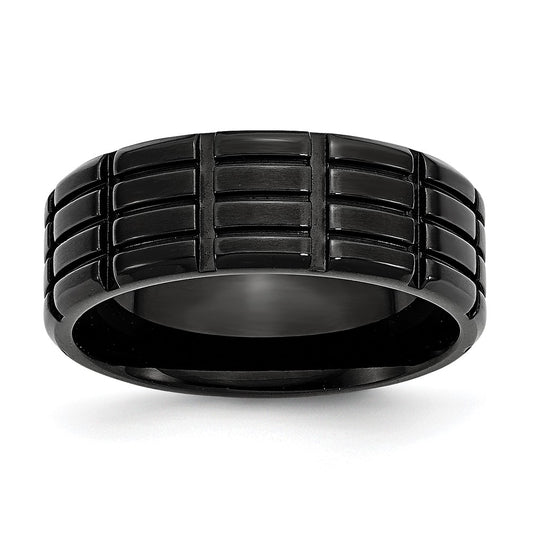Titanium Brushed Black IP-plated 8mm Grooved Band Size - 12.5