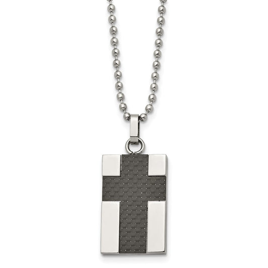 Stainless Steel Polished Carbon Fiber Inlay Cross 22in Necklace