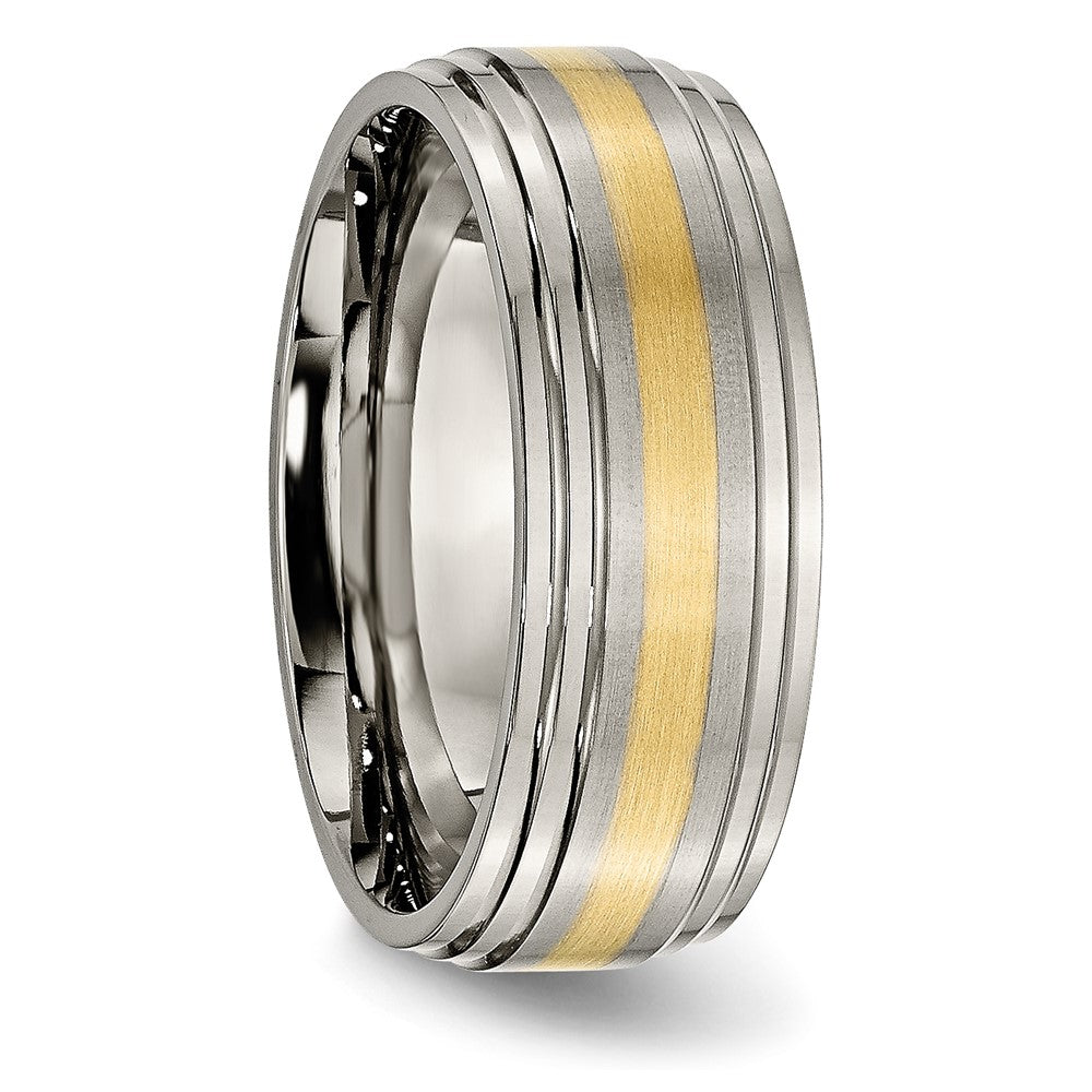 Titanium Brushed Center w/14k Yellow Inlay 8mm Ridged Edge Band Size - 10