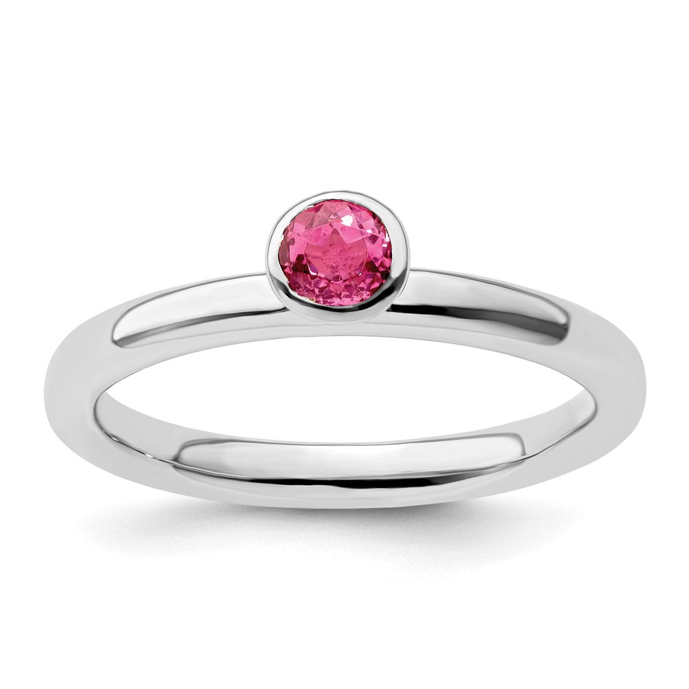 SS Stackable Expressions High 4mm Round Pink Tourmaline Ring Size -5