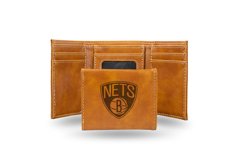 Basketball Rico Industries Brooklyn Nets Brown Laser Engraved Trifold Laser Engraved Tri-Fold Wallet - Men's Accessory
