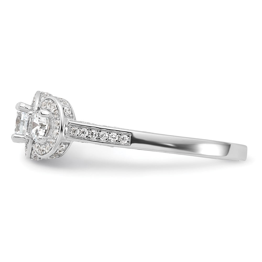 Cheryl M Sterling Silver Rhodium-plated Brilliant-cut CZ Three Stone Halo w/ Side Stones Ring