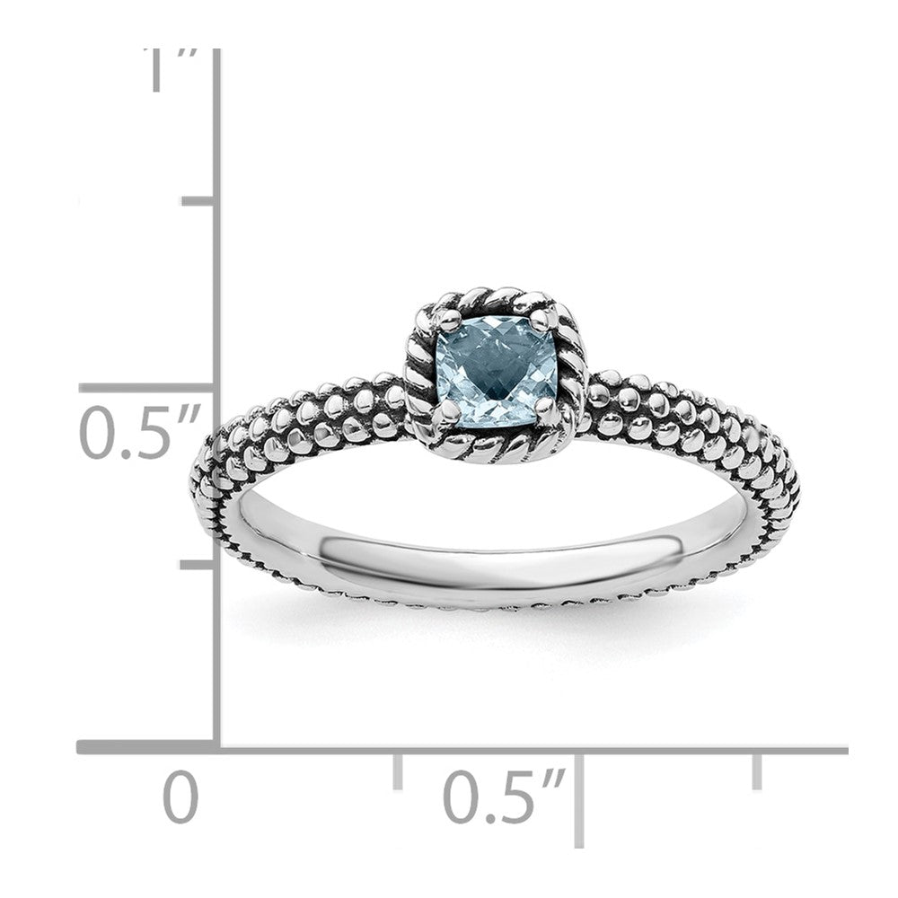 Sterling Silver Stackable Expressions Checker-cut Aquamarine Antiqued Ring Size -10
