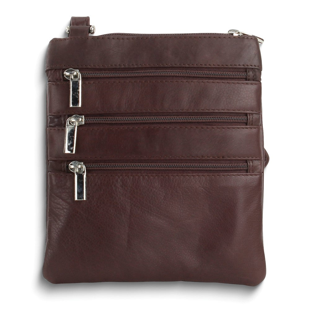 Brown Leather Triple-Zip Multi-Pocket Crossbody Bag with Adjustable Shoulder Strap