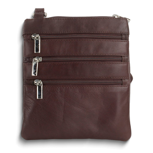 Brown Leather Triple-Zip Multi-Pocket Crossbody Bag with Adjustable Shoulder Strap