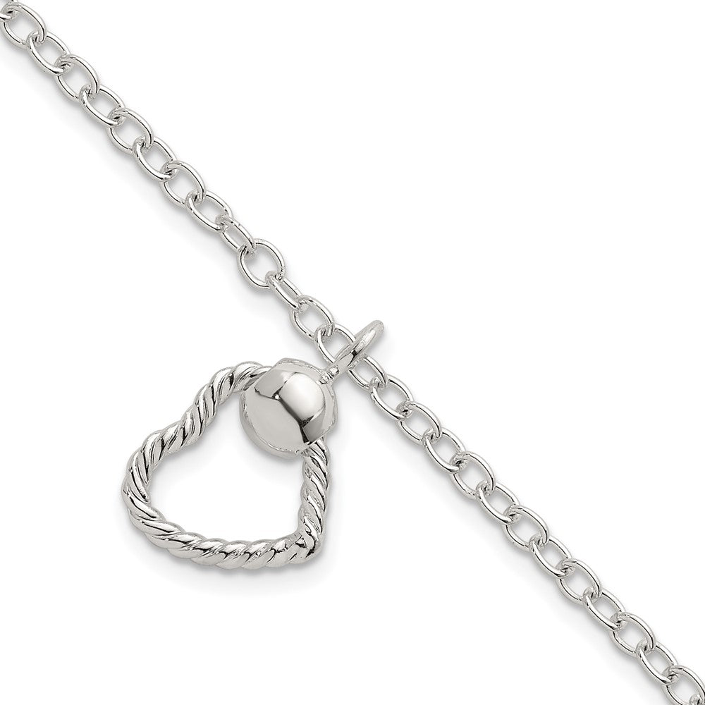 Sterling Silver Polished and Twisted Heart Dangle 7.5 Inch Cable Chain Bracelet 7.5 inches