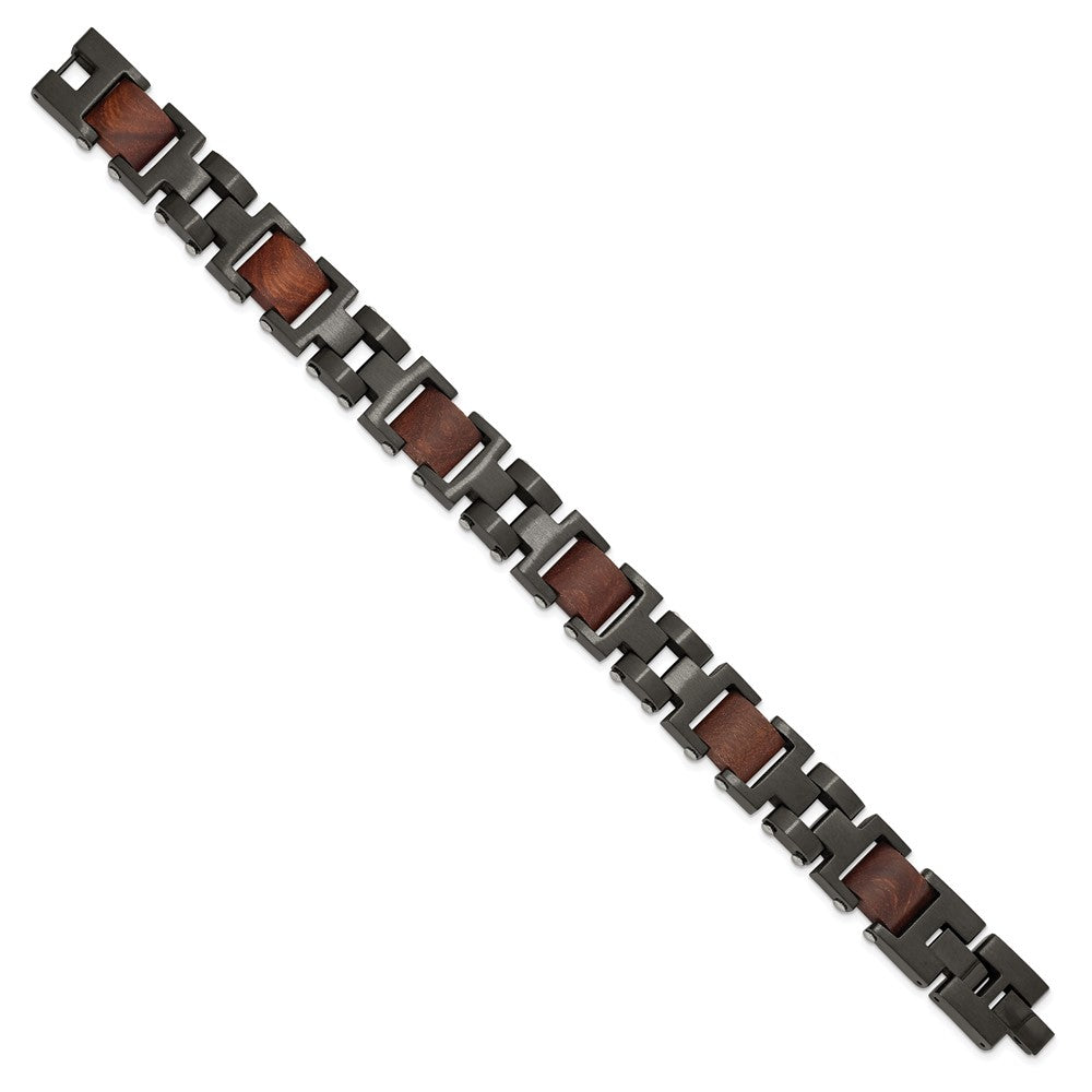 Stainless Steel Brushed Black IP-plated with Wood w/.5in ext. 8in Bracelet 8 inches
