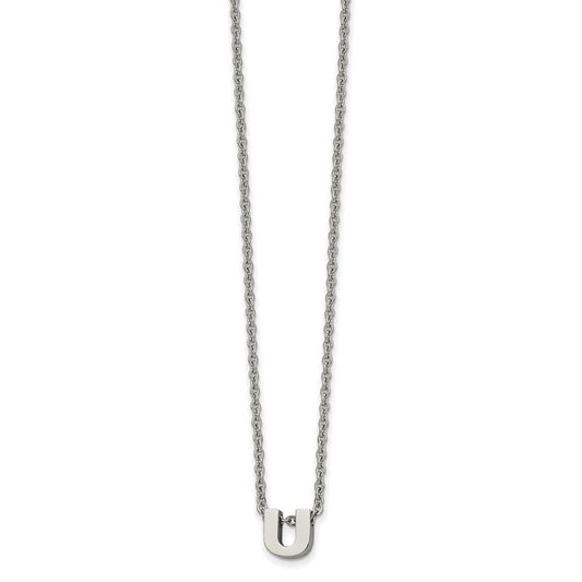 Stainless Steel Polished Letter U 18in w/2in ext Necklace