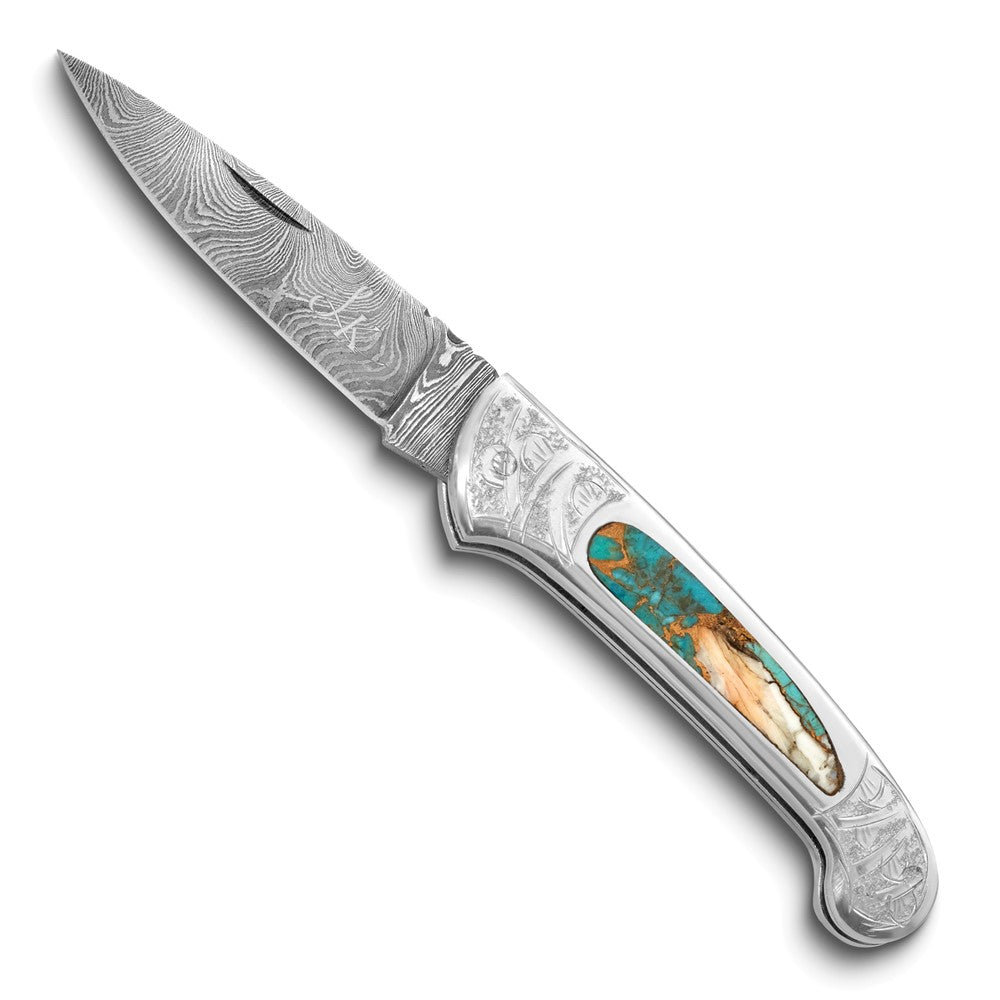 Luxury Giftware by Jere Damascus Steel 256 Layer Folding Blade Compressed Spiny Oyster, Turquoise, Bronze and Resin Inlay Handle Knife with Leather Sheath and Wooden Gift Box