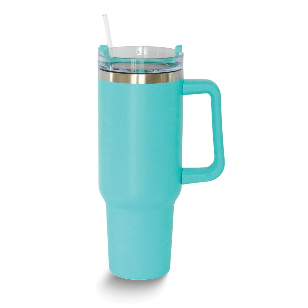 Stainless Steel Aqua Blue 40 ounce Handle Travel Mug with Straw