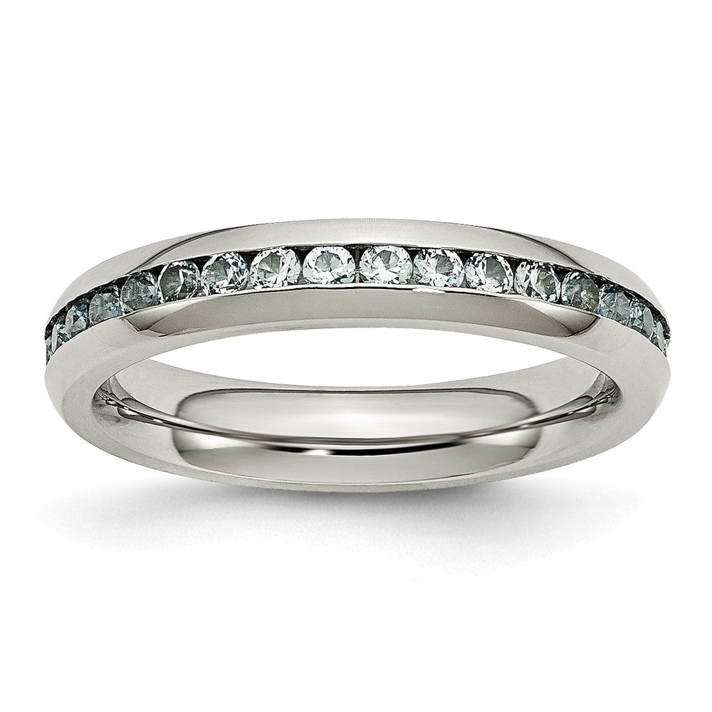 Stainless Steel Polished 4mm March Light Blue CZ Ring Size - 6