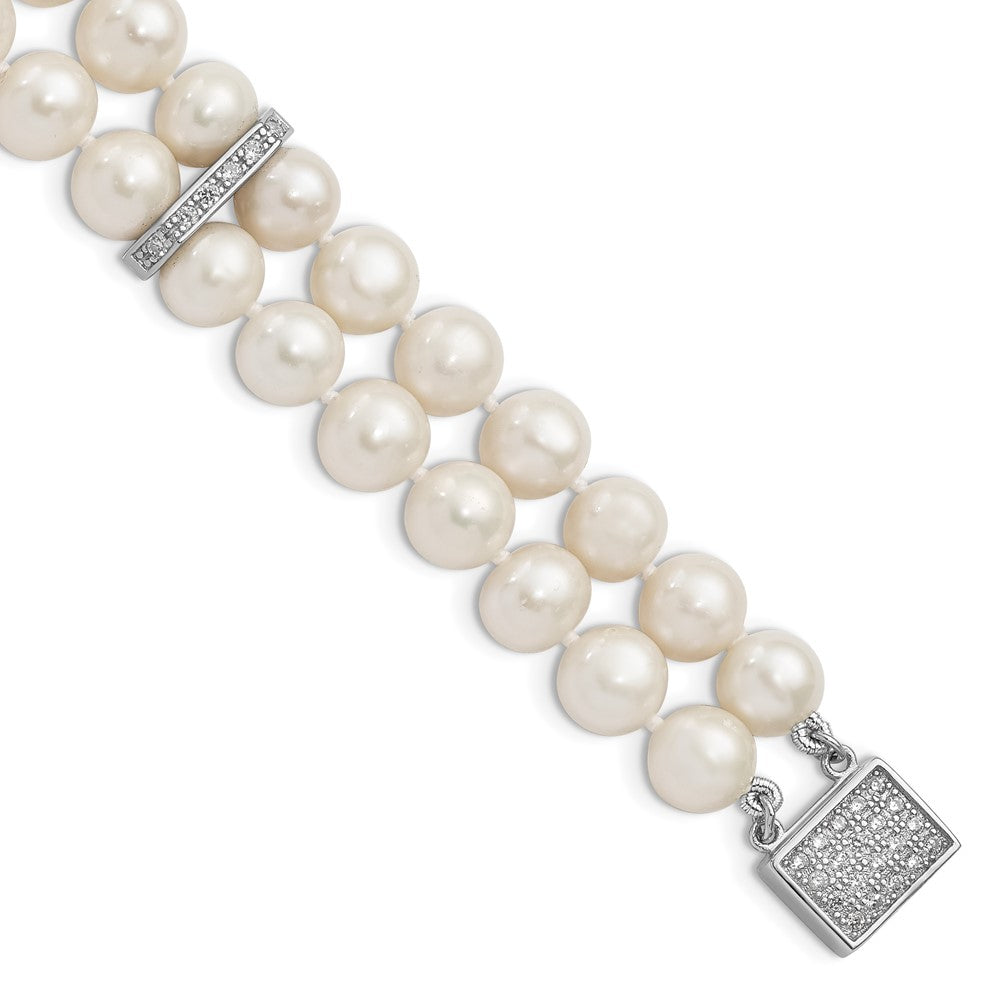 Sterling Silver Rhodium-plated 7-8mm White Near-round Freshwater Cultured Pearl and CZ 2-Strand 7 inch Bracelet 7 inches