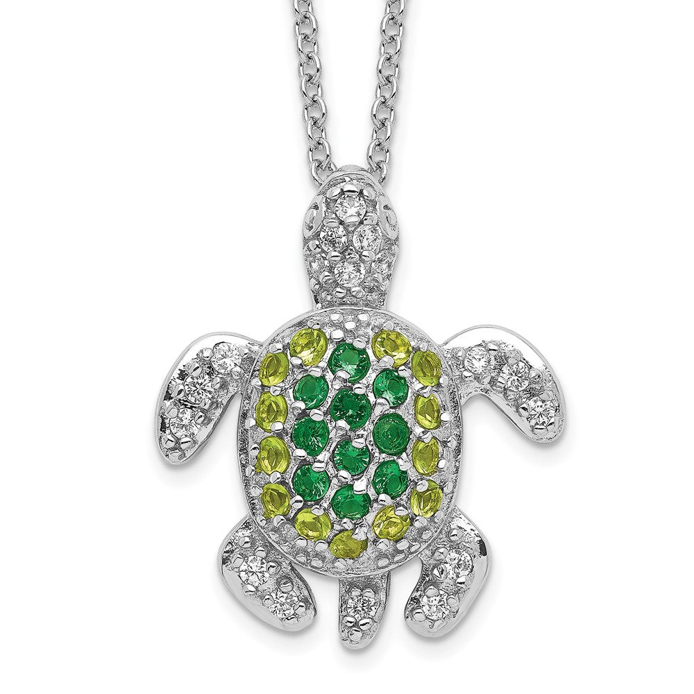 Cheryl M Sterling Silver Rhodium-plated Brilliant-cut Green Glass and Brilliant-cut White CZ Turtle 18 Inch Necklace 18 Inches