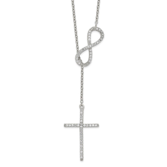 Sterling Silver Polished Rhodium CZ Cross/Infinity Symbol 18in Necklace 18 Inches