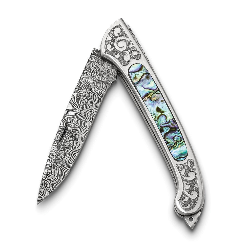Luxury Giftware Damascus Steel 256 Layer Folding Blade Abalone Inlay Handle Knife with Leather Sheath and Wooden Gift Box