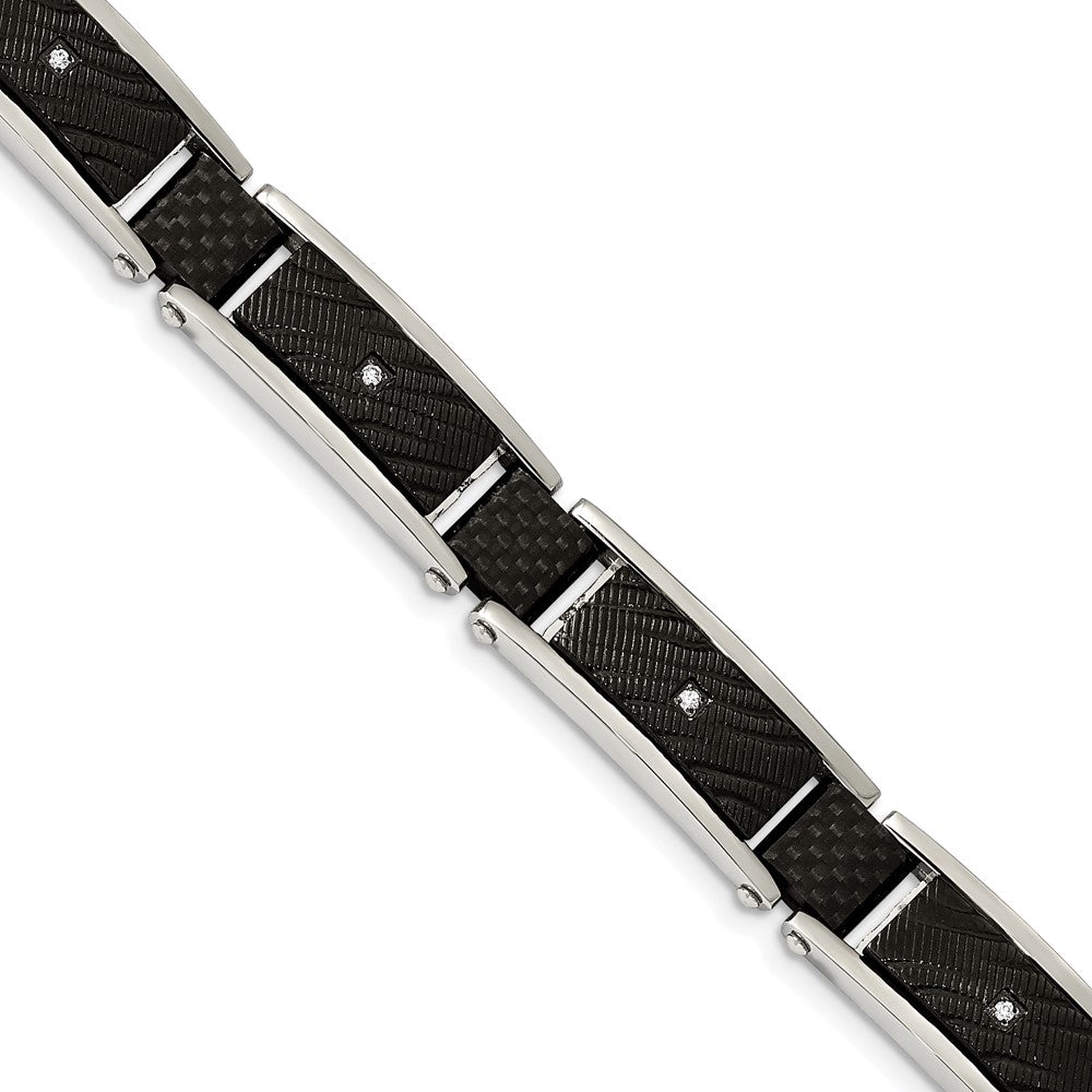 Stainless Steel Polished Blk IP w/CZ and Black Carbon Fiber 8.75in Bracelet 8.75 inches