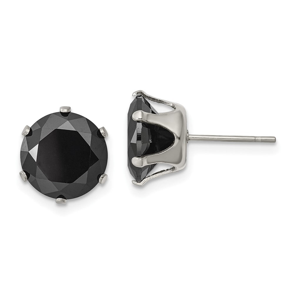 Stainless Steel Polished 10mm Black Round CZ Stud Post Earrings