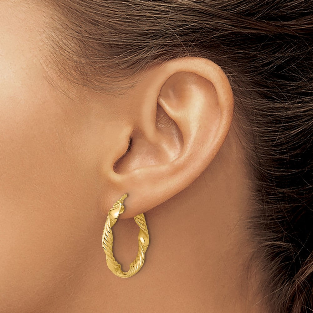 14K Gold Polished & Textured Round Hoop Earrings